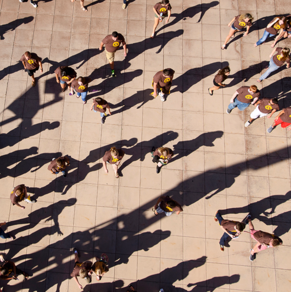 aerial view of UW students walking around campus